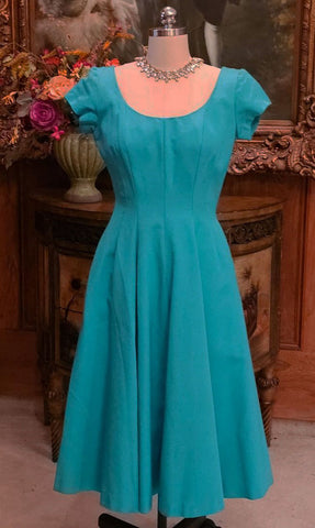 VINTAGE 1960s JERRY GLIDEN SPECTATOR DEEP TURQUOISE FAILLE DRESS WITH METAL ZIPPER