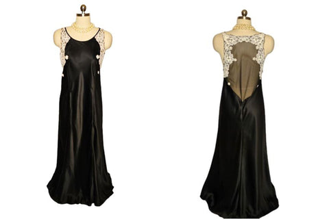 VINTAGE JUDITH HART BLACK SATIN SHEER ILLUSION BACK NIGHTGOWN