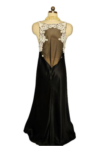VINTAGE JUDITH HART BLACK SATIN SHEER ILLUSION BACK NIGHTGOWN