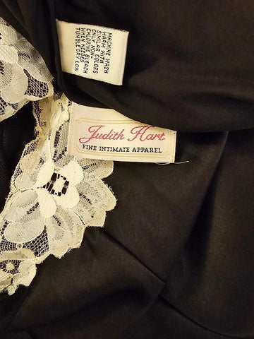 VINTAGE JUDITH HART BLACK SATIN SHEER ILLUSION BACK NIGHTGOWN
