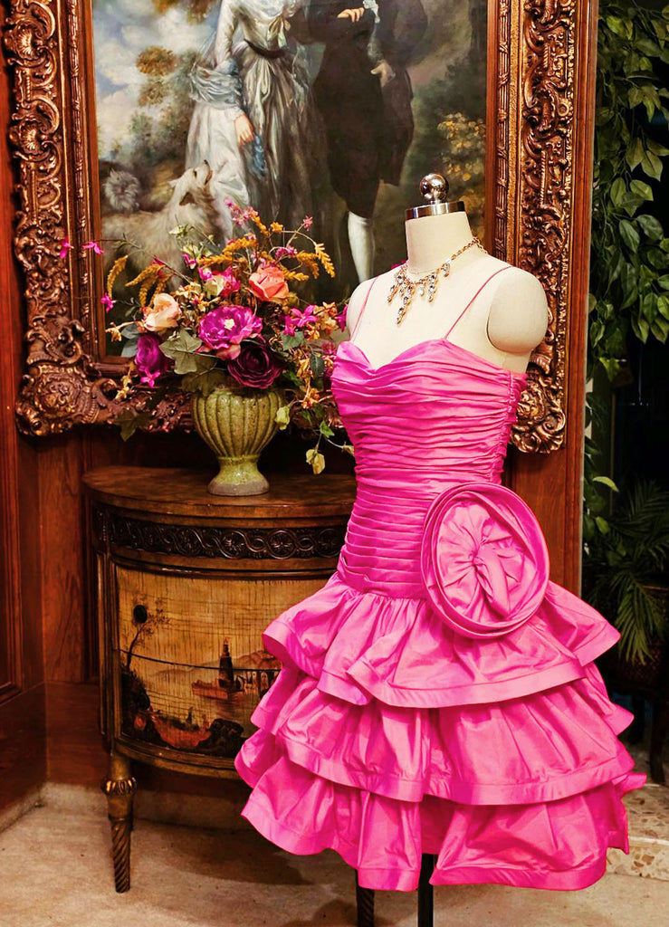 VINTAGE JULIE DUROCHE FOR AFTER FIVE HOT PINK TIERED RUCHED COCKTAIL DRESS WITH HUGE FLOWER