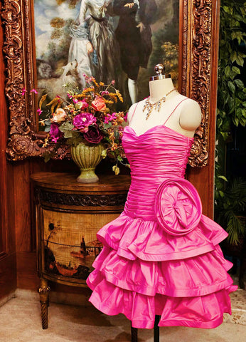 *  VINTAGE JULIE DUROCHE FOR AFTER FIVE HOT PINK TIERED RUCHED COCKTAIL DRESS WITH HUGE FLOWER