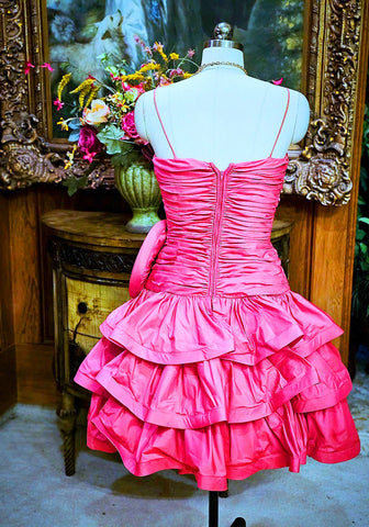 *  VINTAGE JULIE DUROCHE FOR AFTER FIVE HOT PINK TIERED RUCHED COCKTAIL DRESS WITH HUGE FLOWER