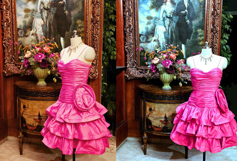 *  VINTAGE JULIE DUROCHE FOR AFTER FIVE HOT PINK TIERED RUCHED COCKTAIL DRESS WITH HUGE FLOWER