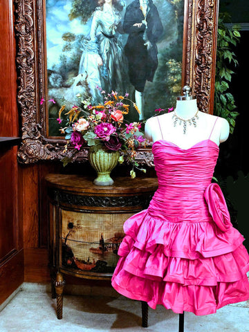 *  VINTAGE JULIE DUROCHE FOR AFTER FIVE HOT PINK TIERED RUCHED COCKTAIL DRESS WITH HUGE FLOWER