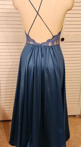 GLAMOROUS VINTAGE KATZ NIGHTGOWN CRISS CROSS BACK MADE IN THE USA SIZE SMALL IN STORMY SEAS