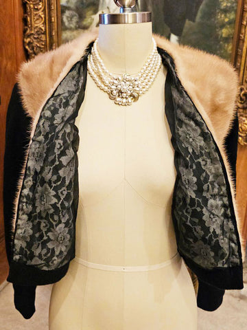 VINTAGE STYLED BY KHANDUR CASHMERE AND MINK EVENING SWEATER PEARL RHINESTONE METAL CLASP