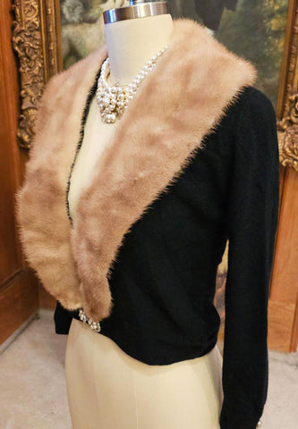 VINTAGE STYLED BY KHANDUR CASHMERE AND MINK EVENING SWEATER PEARL RHINESTONE METAL CLASP