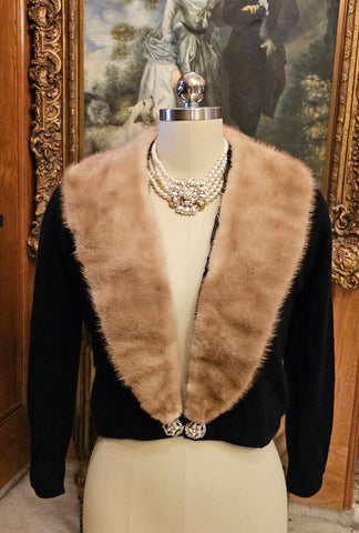 VINTAGE STYLED BY KHANDUR CASHMERE AND MINK EVENING SWEATER PEARL RHINESTONE METAL CLASP