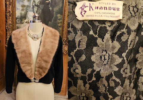 VINTAGE STYLED BY KHANDUR CASHMERE AND MINK EVENING SWEATER PEARL RHINESTONE METAL CLASP