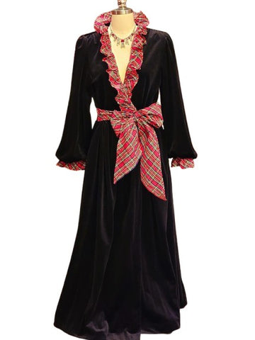 VINTAGE SIZE LARGE VICTORIAN LOOK KOMAR BLACK VELOUR DRESSING GOWN ROBE WITH RED PLAID TAFFETA TRIM HUGE BOW USA - CHRISTMAS MORNING ROBE OR HOSTESS GOWN FOR DINNER