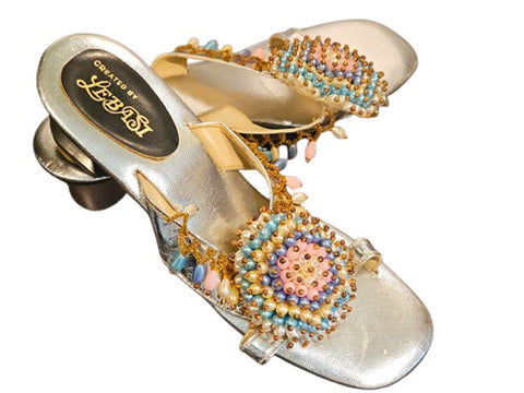 NEW VINTAGE 1960s / 1970s CREATED BY LEBASI FROM THE PHILLIPINES HANGING BEADS MULES SLIP ONS RESORT HEEL SANDALS