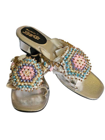 NEW VINTAGE 1960s / 1970s CREATED BY LEBASI FROM THE PHILLIPINES HANGING BEADS MULES SLIP ONS RESORT HEEL SANDALS