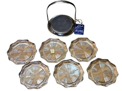 VINTAGE NEW WITH TAG LEONARDO GLASS & SILVERPLATED COASTER & CADDY SET MADE IN SHEFFIELD ENGLAND AND FRANCE - (7 PIECE SET)
