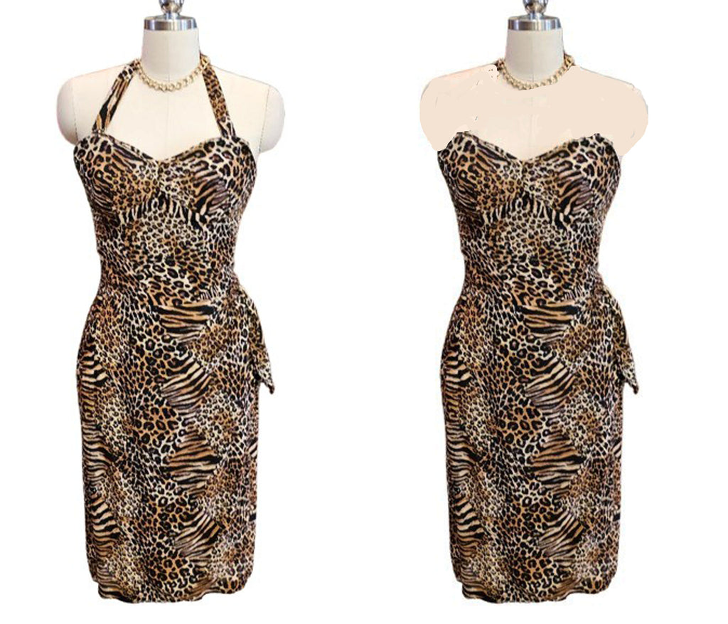 VINTAGE LEOPARD TIGER  PRINT HALTER OR STRAPLESS DRESS – SWEETHEART NECKLINE WRAP FRONT SHEATH SKIRT SEXY JUNGLE GLAMOUR