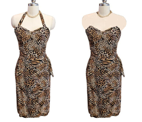 VINTAGE LEOPARD TIGER  PRINT HALTER OR STRAPLESS DRESS – SWEETHEART NECKLINE WRAP FRONT SHEATH SKIRT SEXY JUNGLE GLAMOUR