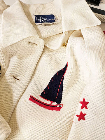 VINTAGE LEROY KNITWEAR NAUTICAL SWEATER WITH YARN SAILBOATS, ANCHORS AND STARS