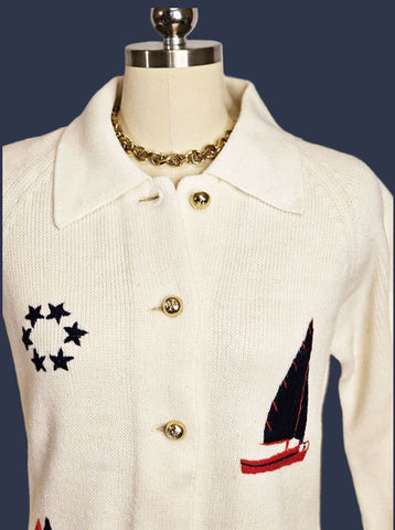 VINTAGE LEROY KNITWEAR NAUTICAL SWEATER WITH YARN SAILBOATS, ANCHORS AND STARS