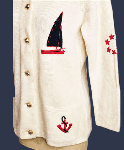 VINTAGE LEROY KNITWEAR NAUTICAL SWEATER WITH YARN SAILBOATS, ANCHORS AND STARS