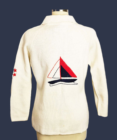 VINTAGE LEROY KNITWEAR NAUTICAL SWEATER WITH YARN SAILBOATS, ANCHORS AND STARS