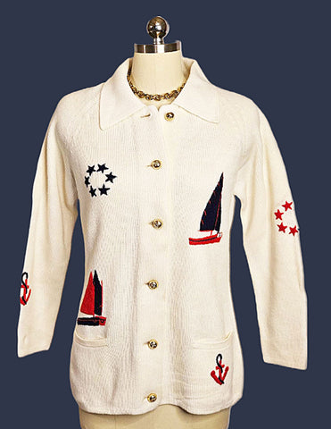 VINTAGE LEROY KNITWEAR NAUTICAL SWEATER WITH YARN SAILBOATS, ANCHORS AND STARS