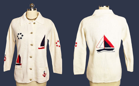 VINTAGE LEROY KNITWEAR NAUTICAL SWEATER WITH YARN SAILBOATS, ANCHORS AND STARS