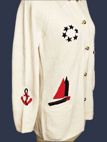 VINTAGE LEROY KNITWEAR NAUTICAL SWEATER WITH YARN SAILBOATS, ANCHORS AND STARS