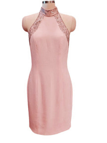 VINTAGE 1980s NEW LILLIE RUBIN PINK BACKLESS HALTER COCKTAIL DRESS ENCRUSTED WITH SILVER BEADS AND SHOT