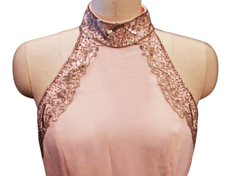 VINTAGE 1980s NEW LILLIE RUBIN PINK BACKLESS HALTER COCKTAIL DRESS ENCRUSTED WITH SILVER BEADS AND SHOT