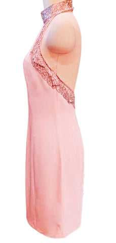 VINTAGE 1980s NEW LILLIE RUBIN PINK BACKLESS HALTER COCKTAIL DRESS ENCRUSTED WITH SILVER BEADS AND SHOT