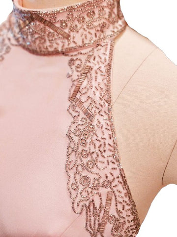 VINTAGE 1980s NEW LILLIE RUBIN PINK BACKLESS HALTER COCKTAIL DRESS ENCRUSTED WITH SILVER BEADS AND SHOT