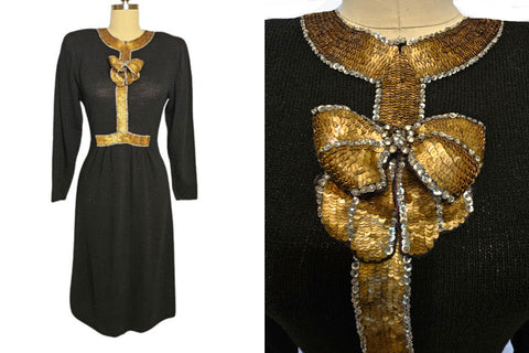 VINTAGE LILLIE RUBIN BLACK KNIT EVENINGS DRESS WITH HUGE GOLD AND SILVER SEQUIN BOW ACCENTED WITH SPARKLING RHINESTONES
