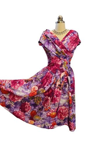 VINTAGE GARDEN PARTY FLORAL PRINT PLEATED SURPLICE NECKLINE SILKY TAFFETA DRESS