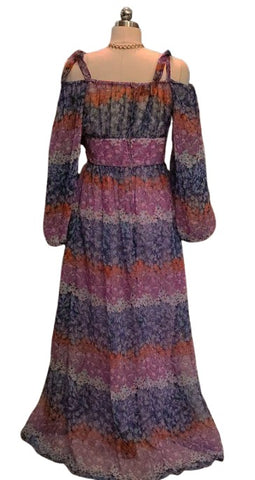 VINTAGE LANZ ORIGINAL RICH HIPPIE OFF THE SHOULDER FLORAL DRESS IN PURPLES AND LAVENDER