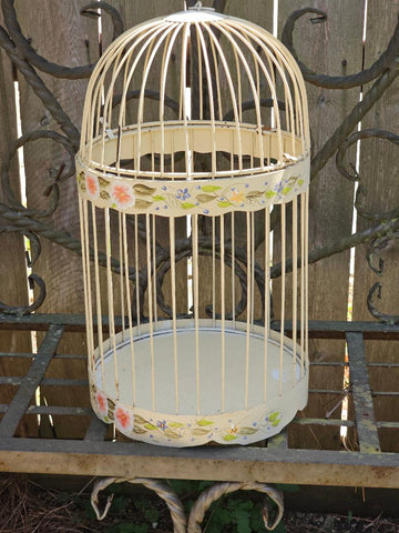 VINTAGE METAL BIRD CAGE HAND PAINTED VIOLETS FLORAL BUTTERCUP YELLOW SHABBY CHIC FRENCH COUNTRY COTTAGE