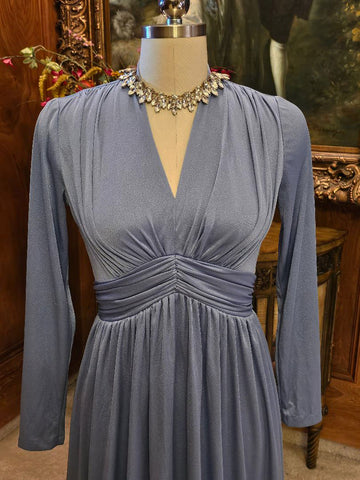 VINTAGE MISS ELLIETTE RUCHED EVENING GOWN IN DEEP PERIWINKLE VINTAGE EVENING GOWN DESIGNER EVENING GOWN