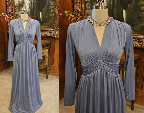 VINTAGE MISS ELLIETTE RUCHED EVENING GOWN IN DEEP PERIWINKLE VINTAGE EVENING GOWN DESIGNER EVENING GOWN