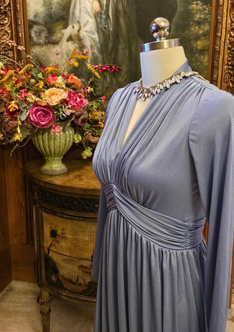 VINTAGE MISS ELLIETTE RUCHED EVENING GOWN IN DEEP PERIWINKLE VINTAGE EVENING GOWN DESIGNER EVENING GOWN
