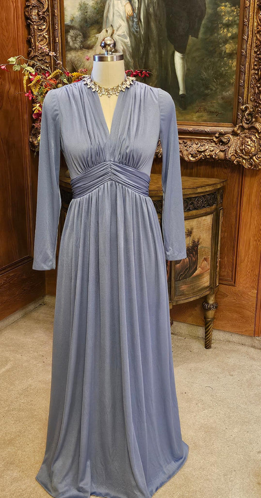 VINTAGE MISS ELLIETTE RUCHED EVENING GOWN IN DEEP PERIWINKLE VINTAGE EVENING GOWN DESIGNER EVENING GOWN
