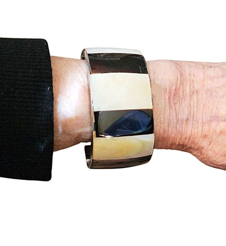 VINTAGE MOTHER OF PEARL SILVER-TONE METAL CUFF BRACELET