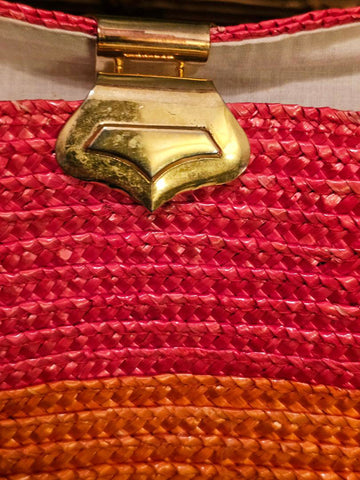 VINTAGE 90s LARGE COLORFUL SUMMER TOTE GOLD TONE CLASP LINED BIG ZIPPERED POCKET INSIDE