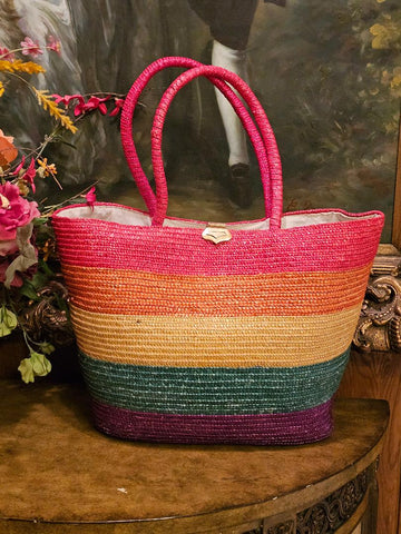 VINTAGE 90s LARGE COLORFUL SUMMER TOTE GOLD TONE CLASP LINED BIG ZIPPERED POCKET INSIDE