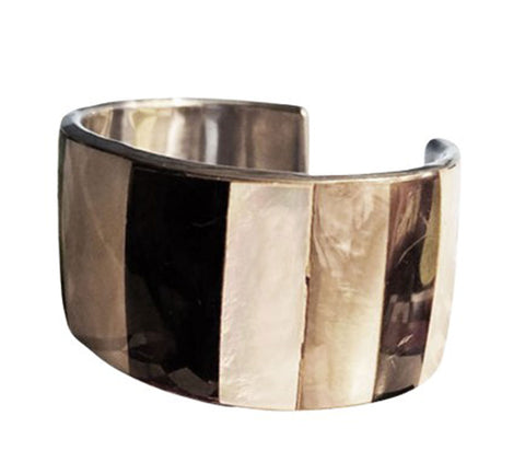 VINTAGE MOTHER OF PEARL SILVER-TONE METAL CUFF BRACELET