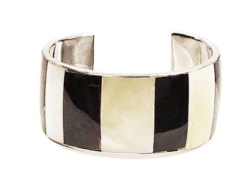 VINTAGE MOTHER OF PEARL SILVER-TONE METAL CUFF BRACELET