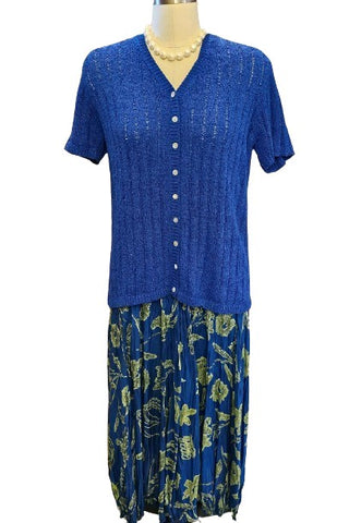 VINTAGE MELROSE STUDIO ROYAL BLUE SILK POLY SWEATER AND SILK PLEATED SKIRT OUTFIT SWEATER AND SKIRT OUTFIT BLUE SWEATER PLEATED SILK SKIRT