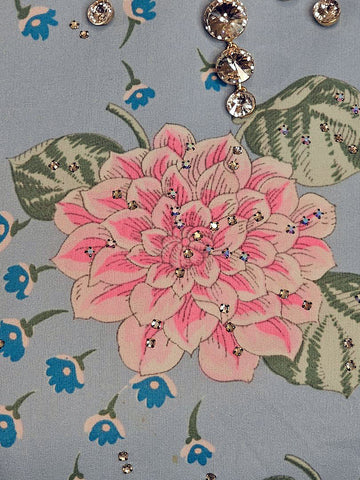 *  VINTAGE NAT KAPLAN COUTURE BEAUTIFUL BLUE FLORAL EVENING GOWN SPRINKLED WITH SPARKLING RHINESTONES