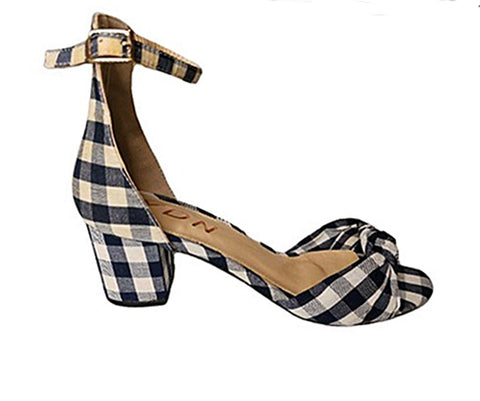 NEW NEVER WORN - YDN NAVY & WHITE GINGHAM PLAID KNOTTED TOP WITH BLOCK HEEL ANKLE STRAP