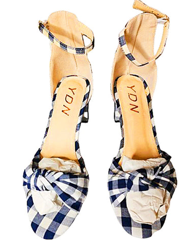 NEW NEVER WORN - YDN NAVY & WHITE GINGHAM PLAID KNOTTED TOP WITH BLOCK HEEL ANKLE STRAP