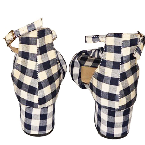 NEW NEVER WORN - YDN NAVY & WHITE GINGHAM PLAID KNOTTED TOP WITH BLOCK HEEL ANKLE STRAP