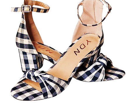 NEW NEVER WORN - YDN NAVY & WHITE GINGHAM PLAID KNOTTED TOP WITH BLOCK HEEL ANKLE STRAP